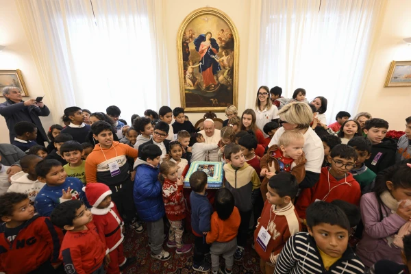 Pope Francis visits a group of children and mothers from the Santa Marta Dispensary to offer them his personal Christmas greetings on Dec. 22, 2024. Credit: Vatican Media