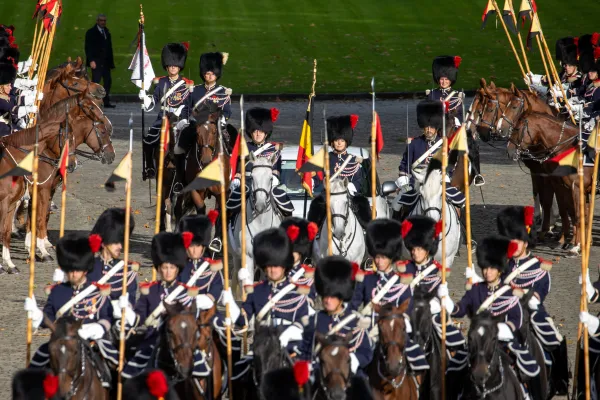 A mounted guard of honor accompanies Pope Francis as he arrives at Laeken Castle in Belgium on Friday, Sept. 27, 2024, where he was greeted by the Belgian royal family. Credit: Daniel Ibañez/CNA