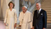 Pope Francis arrives at Laeken Castle in Belgium on Friday, Sept. 27, 2024, where he is greeted by the Belgian royal family, Queen Mathilde and King Philippe.