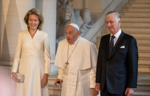 Pope Francis arrives at Laeken Castle in Belgium on Friday, Sept. 27, 2024, where he is greeted by the Belgian royal family, Queen Mathilde and King Philippe. Credit: Daniel Ibañez/CNA