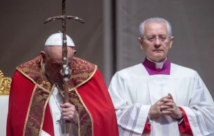 Pope Francis prays during a Mass of suffrage for deceased cardinals and bishops in St. Peter’s Basilica on Nov. 4, 2024, at the Vatican. Credit: Daniel Ibañez/CNA