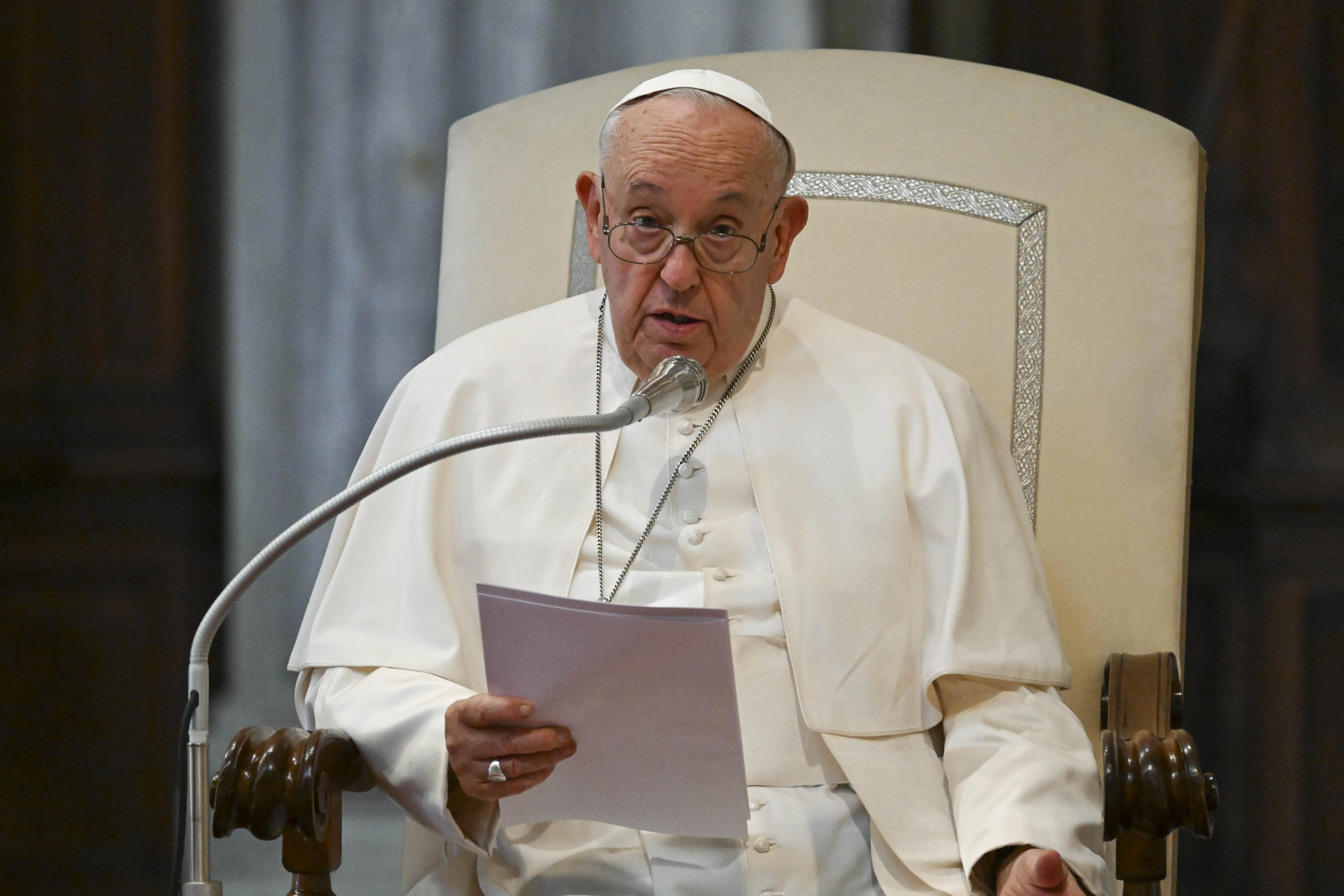 Pope Francis addresses the faithful during second vespers on the feast of Our Lady of the Snows at the Basilica of St. Mary Major on Aug. 5, 2024.?w=200&h=150