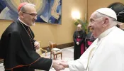 Pope Francis meets with Cardinal Pierbattista Pizzaballa, the Latin patriarch of Jerusalem, at a meeting with other Arab bishops on Aug. 28, 2024, at the Vatican.