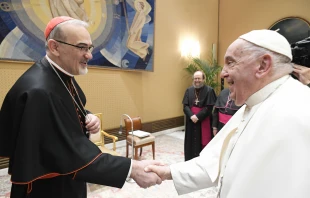 Pope Francis meets with Cardinal Pierbattista Pizzaballa, the Latin patriarch of Jerusalem, at a meeting with other Arab bishops on Aug. 28, 2024, at the Vatican. Credit: Vatican Media