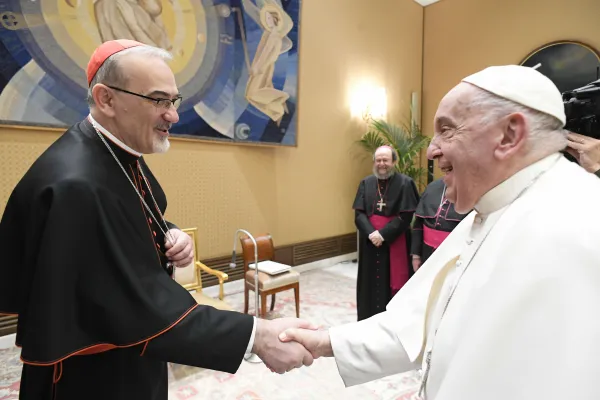 Pope Francis meets with Cardinal Pierbattista Pizzaballa, the Latin patriarch of Jerusalem, at a meeting with other Arab bishops on Aug. 28, 2024, at the Vatican. Credit: Vatican Media