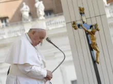 Pope Francis prays during his general audience on Wednesday, May 29,  2024, in St. Peter’s Square at the Vatican.