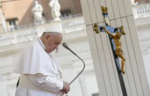 Pope Francis prays during his general audience on Wednesday, May 29,  2024, in St. Peter’s Square at the Vatican. Credit: Vatican Media