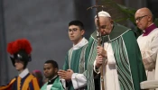 Pope Francis prays during the Synod on Synodality closing Mass on Oct. 27, 2024, in St. Peter’s Basilica at the Vatican.