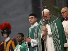 Pope Francis prays during the Synod on Synodality closing Mass on Oct. 27, 2024, in St. Peter’s Basilica at the Vatican.