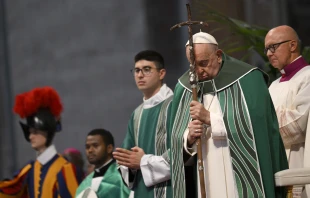 Pope Francis prays during the Synod on Synodality closing Mass on Oct. 27, 2024, in St. Peter’s Basilica at the Vatican. Credit: Vatican Media