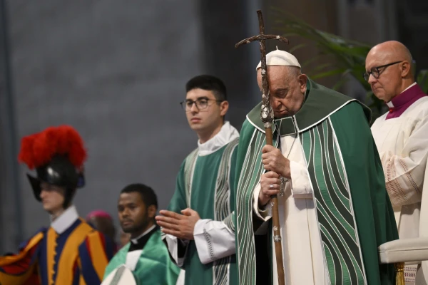 Pope Francis prays during the Synod on Synodality closing Mass on Oct. 27, 2024, in St. Peter’s Basilica at the Vatican. Credit: Vatican Media