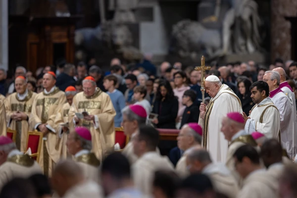 Pope Francis prays during the solemn Mass for the Epiphany on Jan. 6, 2025, in St. Peter’s Basilica at the Vatican. Credit: Daniel Ibañez/CNA