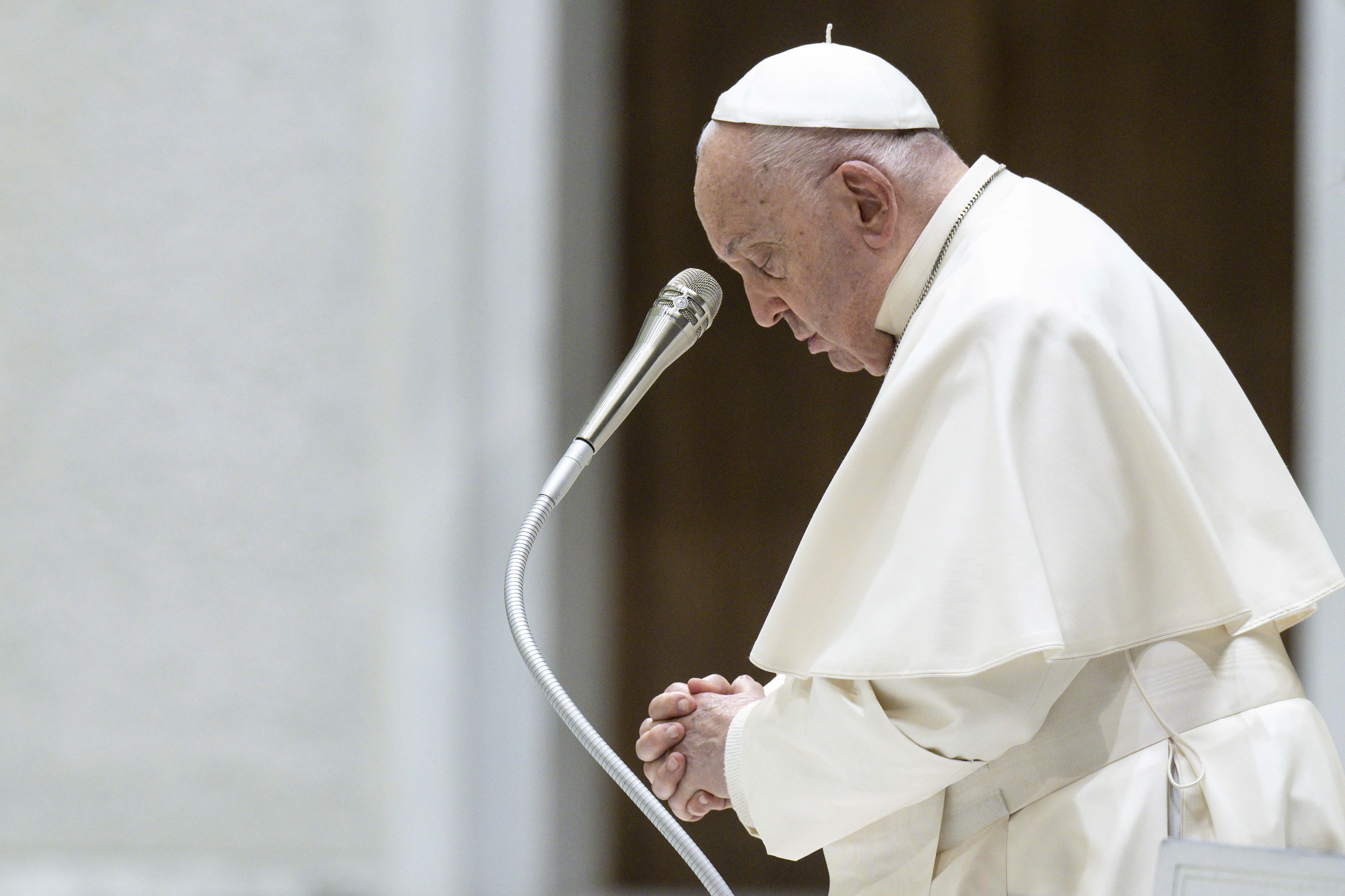 Pope Francis prays during his general audience on Wednesday, May 1, 2024, in Paul VI Hall at the Vatican.?w=200&h=150