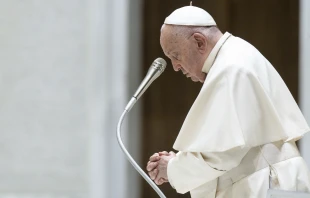 Pope Francis prays during his general audience on Wednesday, May 1, 2024, in Paul VI Hall at the Vatican. Credit: Vatican Media