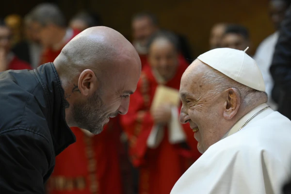 Pope Francis greets an inmate after Mass in Rome’s Rebibbia Prison Complex on the feast of St. Stephen, Dec. 26, 2024. Credit: Vatican Media