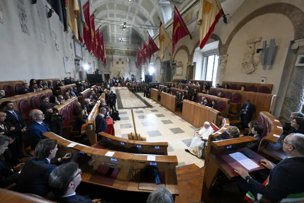 Pope Francis addresses Rome Mayor Roberto Gualtieri and city administration during a visit to Rome’s Capitoline Hill on June 10, 2024. Credit: Vatican Media