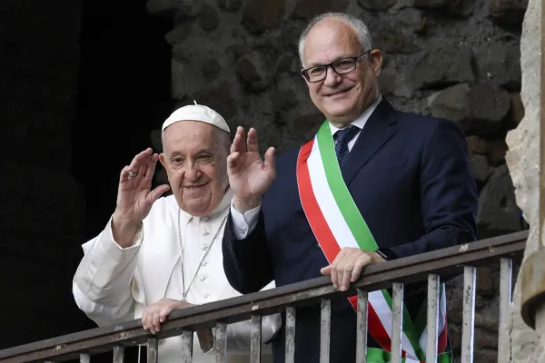 Pope Francis and Rome Mayor Roberto Gualtieri wave to the crowd gathered below at Rome’s Capitoline Hill on June 10, 2024. Credit: Vatican Media