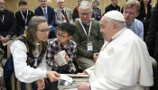 Pope Francis meets with members of a pilgrimage sponsored by the Scandinavian Bishops’ Conference on Feb. 3, 2025, in the Paul VI Audience Hall at the Vatican.