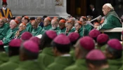 Pope Francis addresses bishops gathered in St. Peter’s Basilica at the Vatican for the Synod on Synodality closing Mass on Oct. 27, 2024.