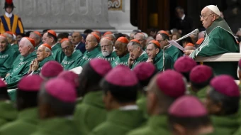 Pope Francis addresses bishops gathered in St. Peter’s Basilica at the Vatican for the Synod on Synodality closing Mass on Oct. 27, 2024.