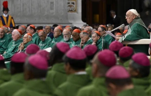 Pope Francis addresses bishops gathered in St. Peter’s Basilica at the Vatican for the Synod on Synodality closing Mass on Oct. 27, 2024. Credit: Vatican Media