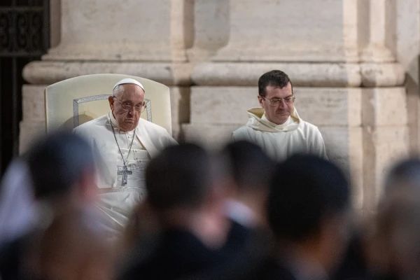 Pope Francis listens during an ecumenical prayer service on Oct. 11, 2024, in Protomartyrs Square at the Vatican. Credit: Daniel Ibañez/CNA