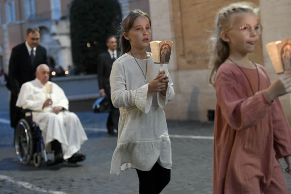 Young people lead a procession ahead of Pope Francis in Protomartyrs Square at the Vatican for an ecumenical prayer service on Oct. 11, 2024. Credit: Vatican Media