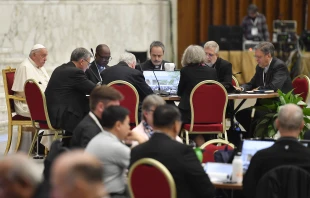 Pope Francis meets with other delegates of the Synod on Synodality at a roundtable discussion in Paul VI Hall at the Vatican on Oct. 17, 2024. Credit: Vatican Media