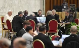 Pope Francis meets with other delegates of the Synod on Synodality at a roundtable discussion in Paul VI Hall at the Vatican on Oct. 17, 2024.