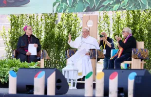 Pope Francis speaks to pilgrims gathered in the arena in Verona, Italy, on May 18, 2024. Credit: Daniel Ibañez/CNA