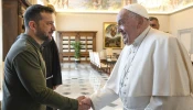 Ukraine President Volodymyr Zelenskyy shakes hands with Pope Francis during a meeting at the Vatican on Friday, Oct. 11, 2024.