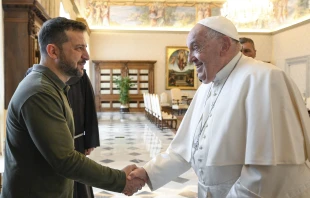 Ukraine President Volodymyr Zelenskyy shakes hands with Pope Francis during a meeting at the Vatican on Friday, Oct. 11, 2024. Credit: Vatican Media