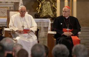 Pope Francis speaks to bishops, priests, deacons, consecrated persons, seminarians, and pastoral workers in St. Stephen's Co-Cathedral in Budapest, Hungary, April 28, 2023. Credit: Daniel Ibañez/CNA