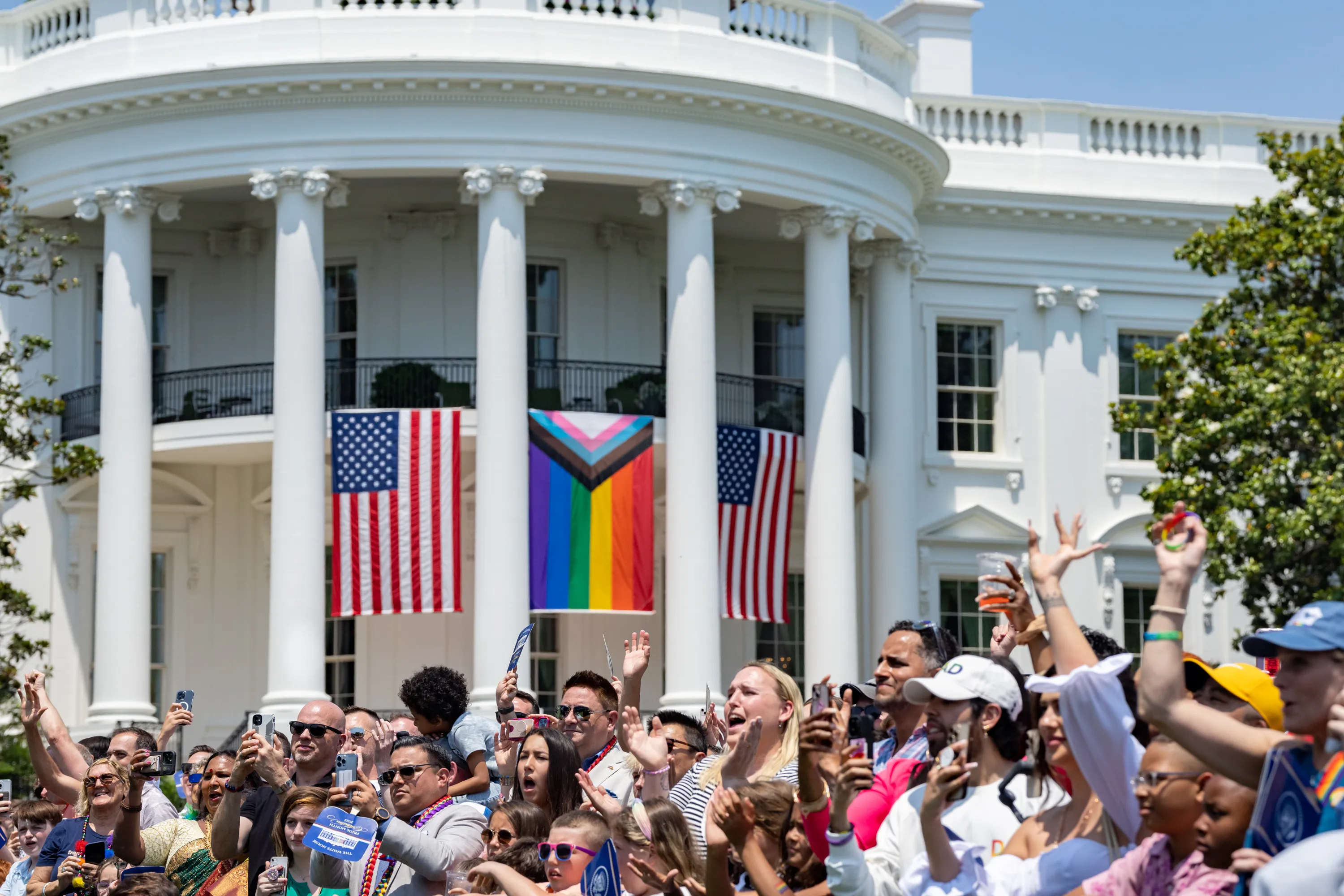 The Progress Pride flag is shown above (center flag) at a White House "Pride" celebration on June 10, 2023.?w=200&h=150