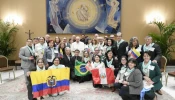 Pope Francis with members of “Project Hope,” a program of accompaniment for the spiritual and emotional healing of women and men who suffer the consequences of having chosen abortion, on Oct. 30, 2024.