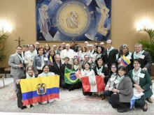 Pope Francis with members of “Project Hope,” a program of accompaniment for the spiritual and emotional healing of women and men who suffer the consequences of having chosen abortion, on Oct. 30, 2024.