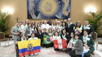 Pope Francis with members of “Project Hope,” a program of accompaniment for the spiritual and emotional healing of women and men who suffer the consequences of having chosen abortion, on Oct. 30, 2024.