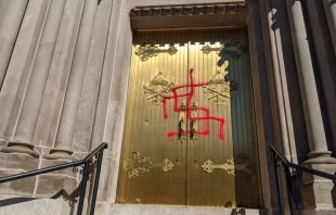 Vandalism on a door of the Cathedral Basilica of the Immaculate Conception in Denver, Colo., Oct. 10, 2021. Photo courtesy of Fr. Samuel Morehead.