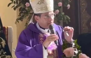 Exiled Bishop Rolando Álvarez speaks at a Mass in Seville, Spain, on Dec. 19, 2024. Credit: Padre Erick Díaz