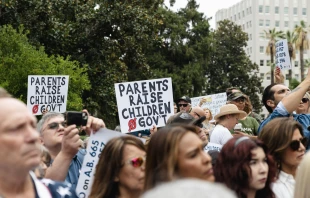 About 1,000 Californians rallied in front of the state capitol steps in Sacramento on Aug. 21, 2023, to protest a series of bills they say would take away their rights as parents. Credit: Snejanna Yalanji