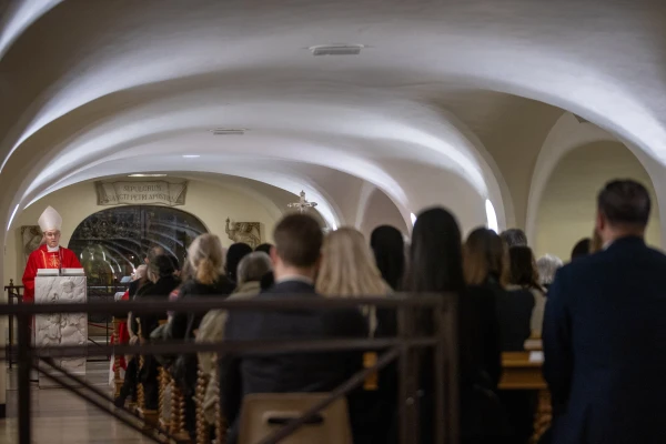 Archbishop Georg Gänswein gives the homily at a Mass in the Vatican crypts close to the tomb of Pope Benedict XVI ahead of the Ratzinger Prize awards ceremony on Nov. 22, 2024. Credit: Daniel Ibañez/CNA