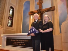 Ray Kapaun, the nephew of Servant of God Father Emil Kapaun, and his wife, Lee, at the Cathedral of the Immaculate Conception in Wichita, Kansas, on the day of Father Kapaun's funeral.