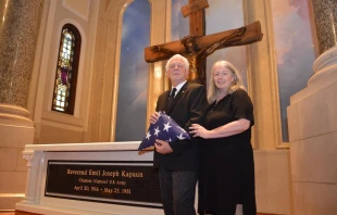 Ray Kapaun, the nephew of Servant of God Father Emil Kapaun, and his wife, Lee, at the Cathedral of the Immaculate Conception in Wichita, Kansas, on the day of Father Kapaun's funeral. Credit: Photo courtesy of Ray Kapaun