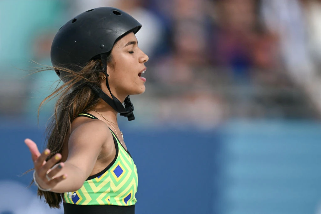 Brazil’s Rayssa Leal reacts as she competes in the women’s street skateboarding final during the Paris 2024 Olympic Games at La Concorde in Paris on July 28, 2024.?w=200&h=150