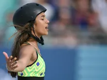 Brazil’s Rayssa Leal reacts as she competes in the women’s street skateboarding final during the Paris 2024 Olympic Games at La Concorde in Paris on July 28, 2024.