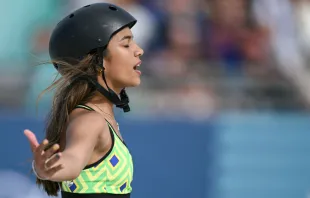 Brazil’s Rayssa Leal reacts as she competes in the women’s street skateboarding final during the Paris 2024 Olympic Games at La Concorde in Paris on July 28, 2024. Credit: KIRILL KUDRYAVTSEV/AFP via Getty Images