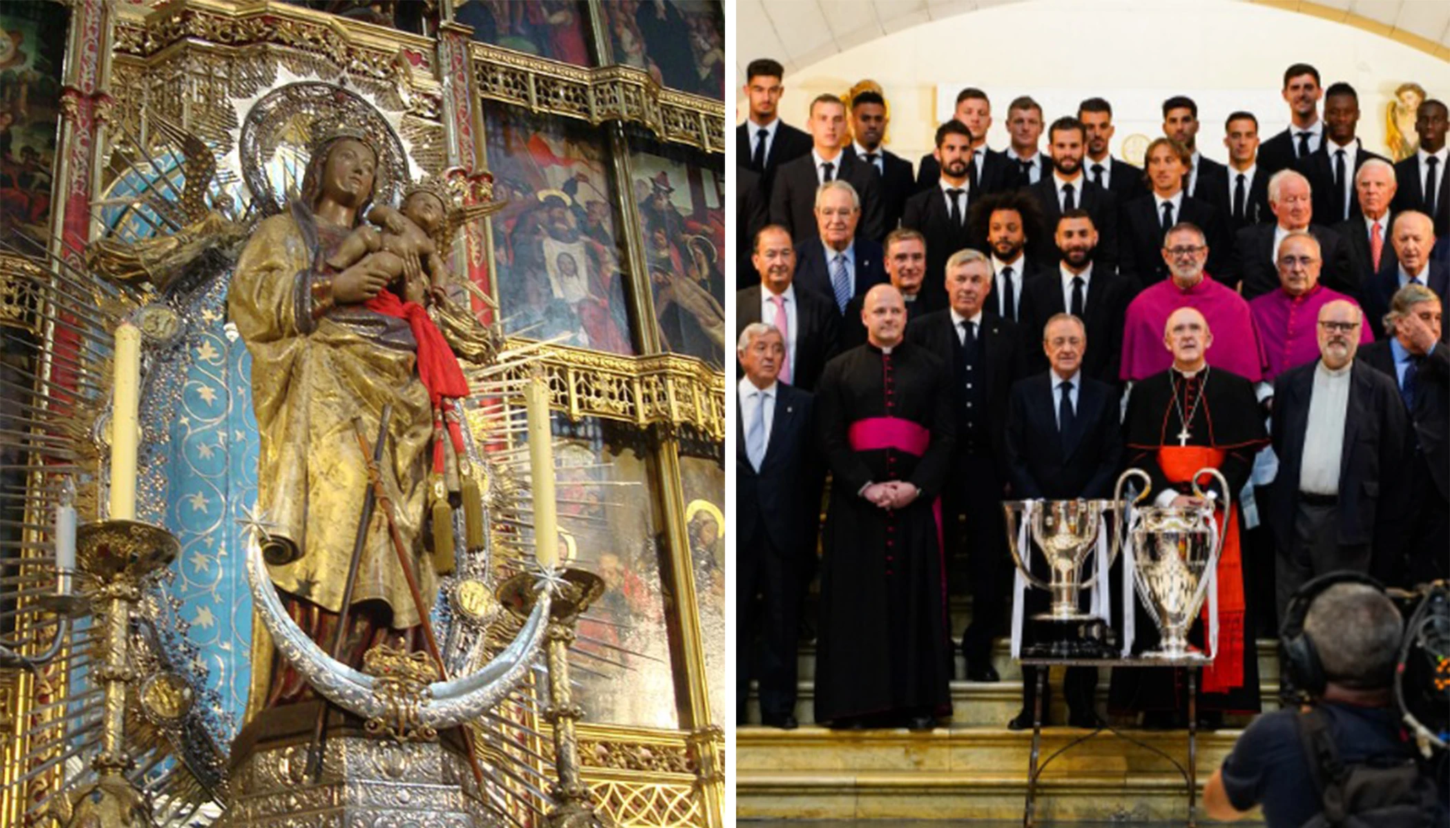 Last Sunday, Real Madrid FC returned to the tradition of offering the cups  won to Our Lady of Almudena at Madrid's cathedral, which was halted due to  COVID. You can see the