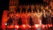 St. John’s Cathedral in the Netherlands is lit up for Red Wednesday on Nov. 23, 2022.