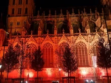 St. John’s Cathedral in the Netherlands is lit up for Red Wednesday on Nov. 23, 2022.