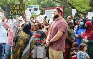 Parental and religious freedom rights advocates, including a group of Muslim parents, on June 6, 2023, protest a Maryland school system policy that removes parents’ authority to opt their children out of homosexual and transgender coursework. Credit: The Religious Freedom Institute